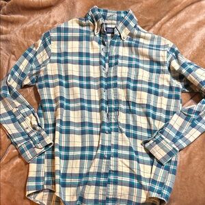 Lands' End Men's Casual Plaid Shirt - Blue and Cream